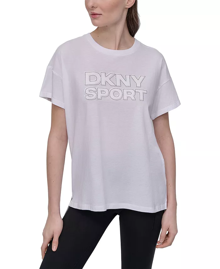 

Женская футболка с пайетками-логотипом и удлиненным плечом DKNY, белый