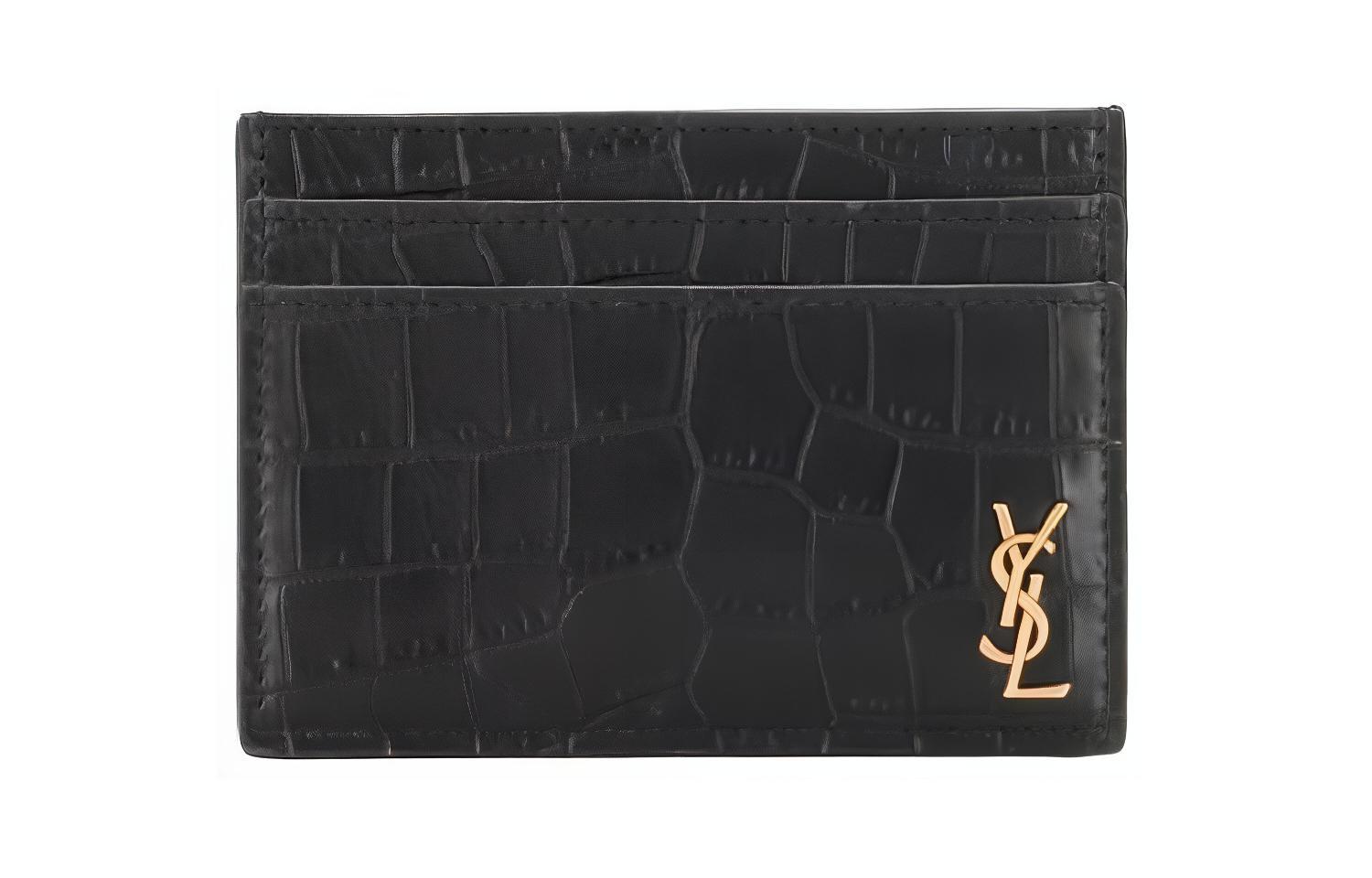 

Кожаный кардхолдер с крокодиловым принтом, мужской черный SAINT LAURENT