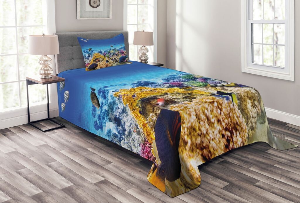 

ABAKUHAUS Комплект покрывала Fish, Ocean Coral Goldfish, комплект с моющимися наволочками, для односпальных кроватей 170 x 220 см, бирюзовый