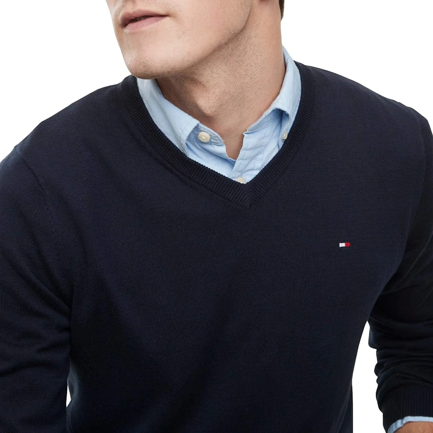 Tommy Hilfiger мужской хлопковый свитер с V-образным вырезом, Navy — фото 2