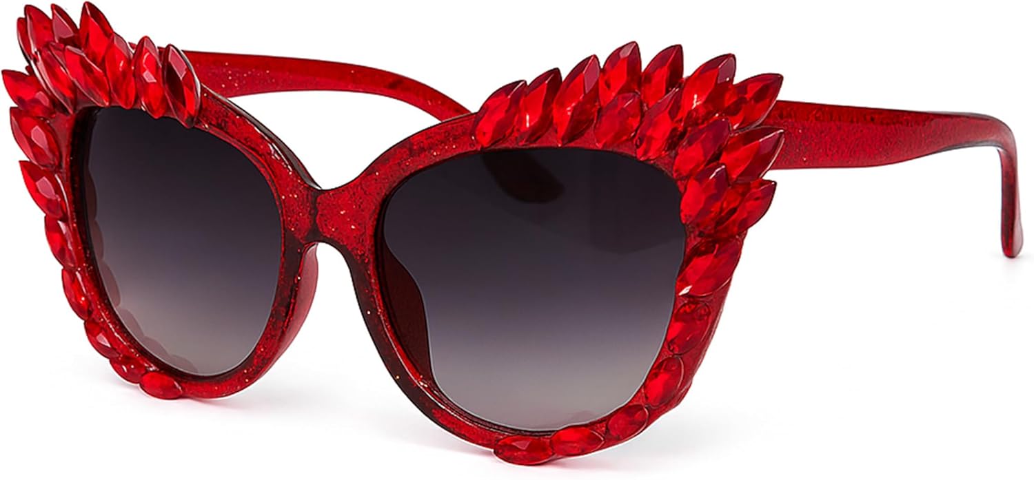 

bullabulling Большие солнцезащитные очки «кошачий глаз» с блестками и стразами, ретро-очки «кошачий глаз» с бриллиантами для женщин, защита от ультрафиолета UV400, Red