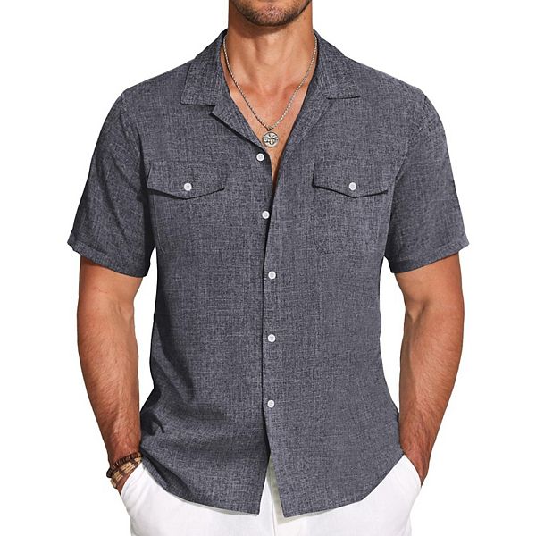

Мужская повседневная рубашка с коротким рукавом из хлопка и льна, camp collar, wrinkle free, легкая Coofandy, Navy Blue