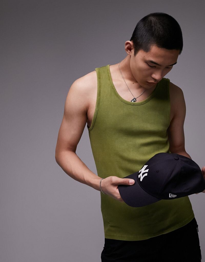 

Зеленая футболка в рубчик без рукавов Topman
