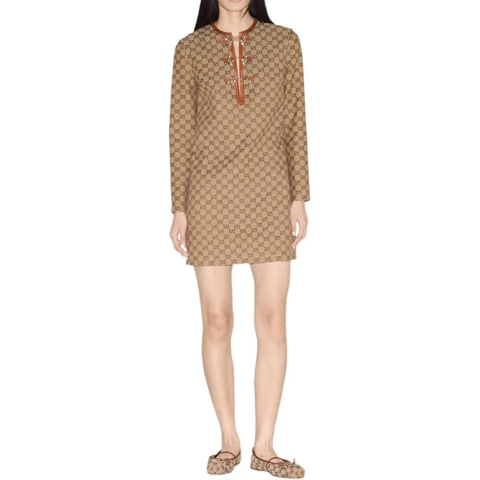 Мини-платье Gucci с длинным рукавом и монограммой, классический стиль, Camel Brown — фото 3