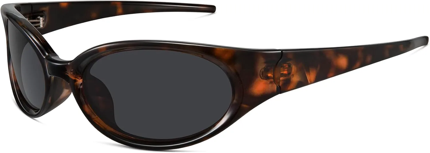 

WOWSUN Ретро Y2K Солнцезащитные очки с обтекаемой формой для женщин, модные поляризованные спортивные очки с защитой от УФ-излучения, Tortoise Frame Grey Lens
