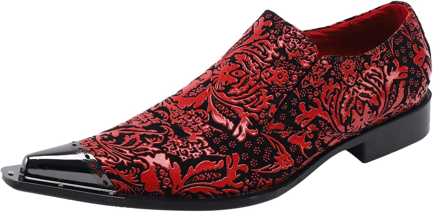 

Мужские слипоны Santimon с металлическим носком, фантазийные, удобные, повседневные, из кожи змеи, для вечеринок, бальных танцев, свадеб и западного стиля, красный