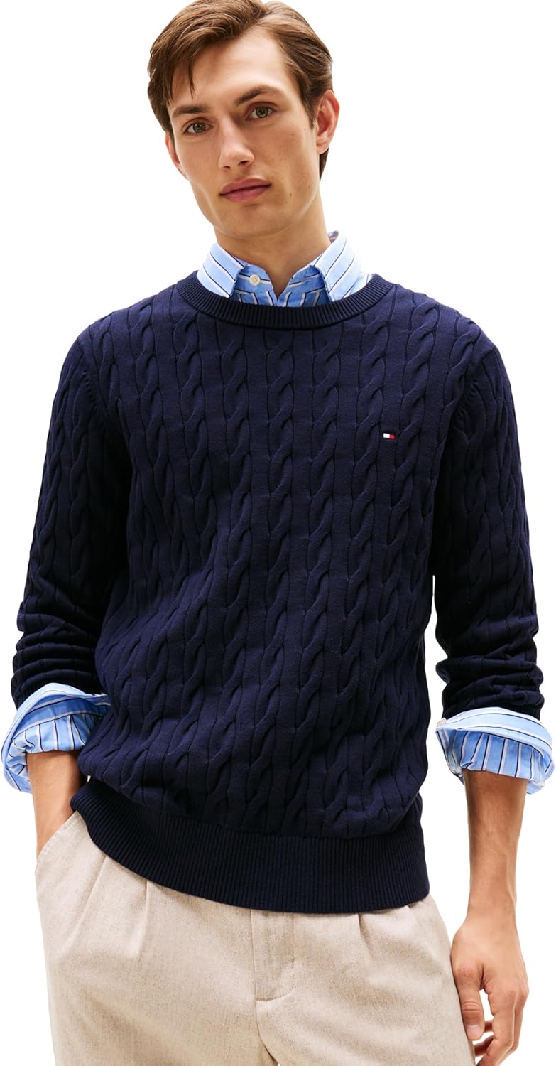 

Мужской свитер Tommy Hilfiger Cable Knit Crewneck, легкий пуловер, Desert Sky
