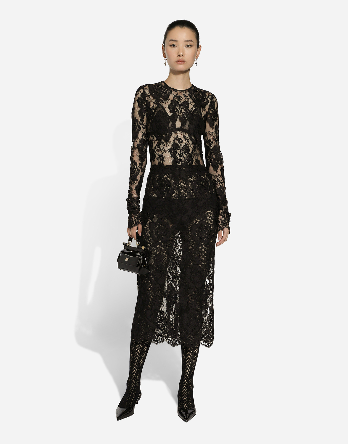 Платье из кружевной ткани с цветочным узором длиной до середины икры Dolce & Gabbana, черный — фото 2