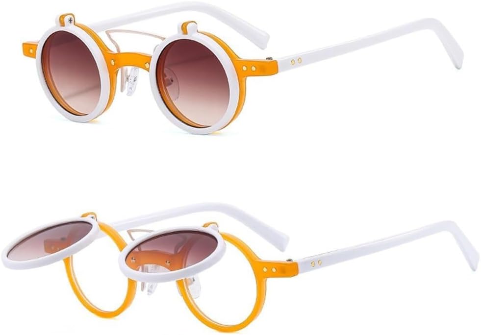 

Ретро-панк солнцезащитные очки с двойной откидной крышкой, круглые, для женщин и мужчин, с леопардовым принтом, защитой от УФ-излучения UV400 и заклепками LXLHWN, Orange White Tea