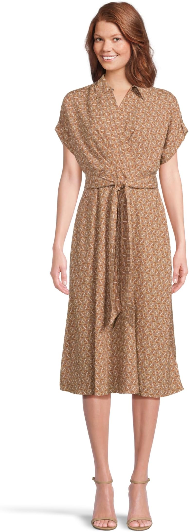 

Платье Lauren Ralph Lauren Petite Geo-Print Belted Crepe Dress, цвет Taupe Multi