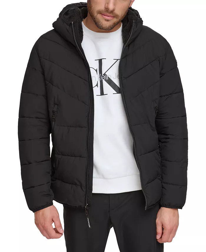 

Мужская стеганая куртка Chevron с подкладкой из шерпы и капюшоном Calvin Klein, черный