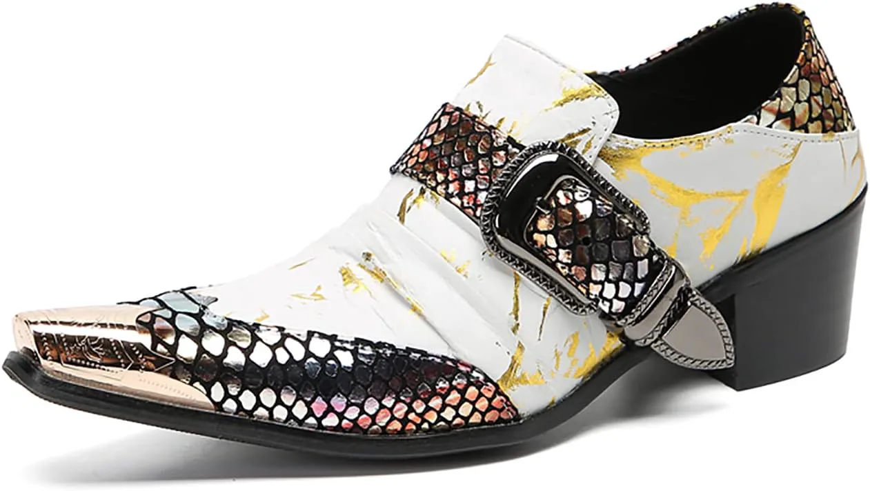 Мужские лоферы Santimon Loafers Party Dress, повседневные слипоны из натуральной кожи, двухцветные мокасины с пряжками, обувь с квадратным носком и каблуком, туфли для выпускного, свадьбы, смокинга, вестерн, бальные и диско для мужчин, белый — фото 2