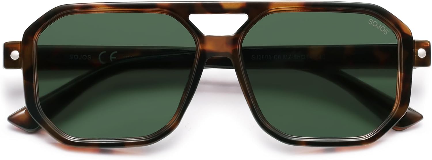 

Солнцезащитные очки-авиаторы SOJOS Retro Polarized Square Aviator для женщин и мужчин, винтажный стиль 70-х, защита от УФ-излучения UV400, модель SJ2609, Tortoise Green Lens