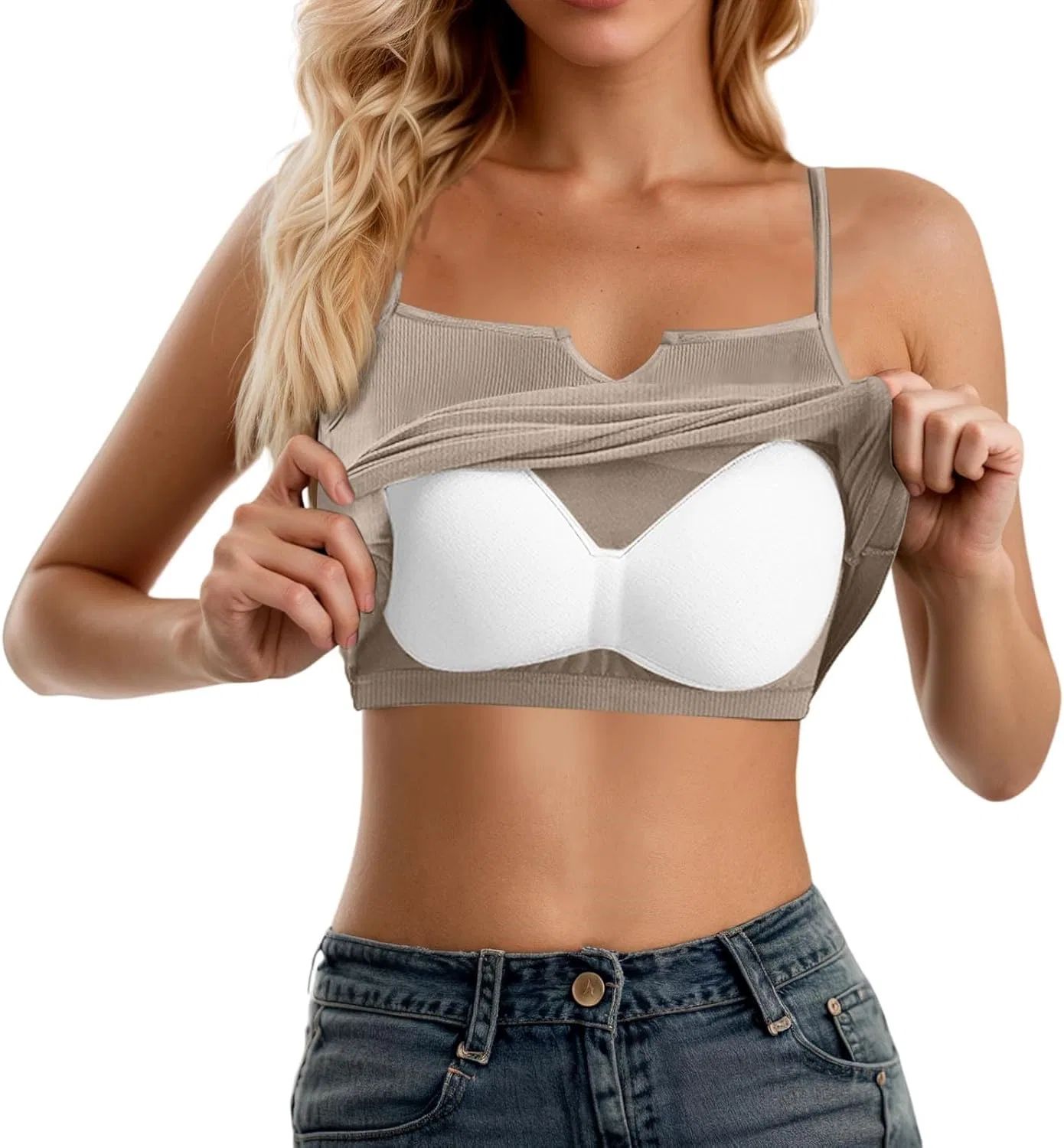 Топ-майка с встроенным бюстгальтером для женщин, Ribbed, Khaki