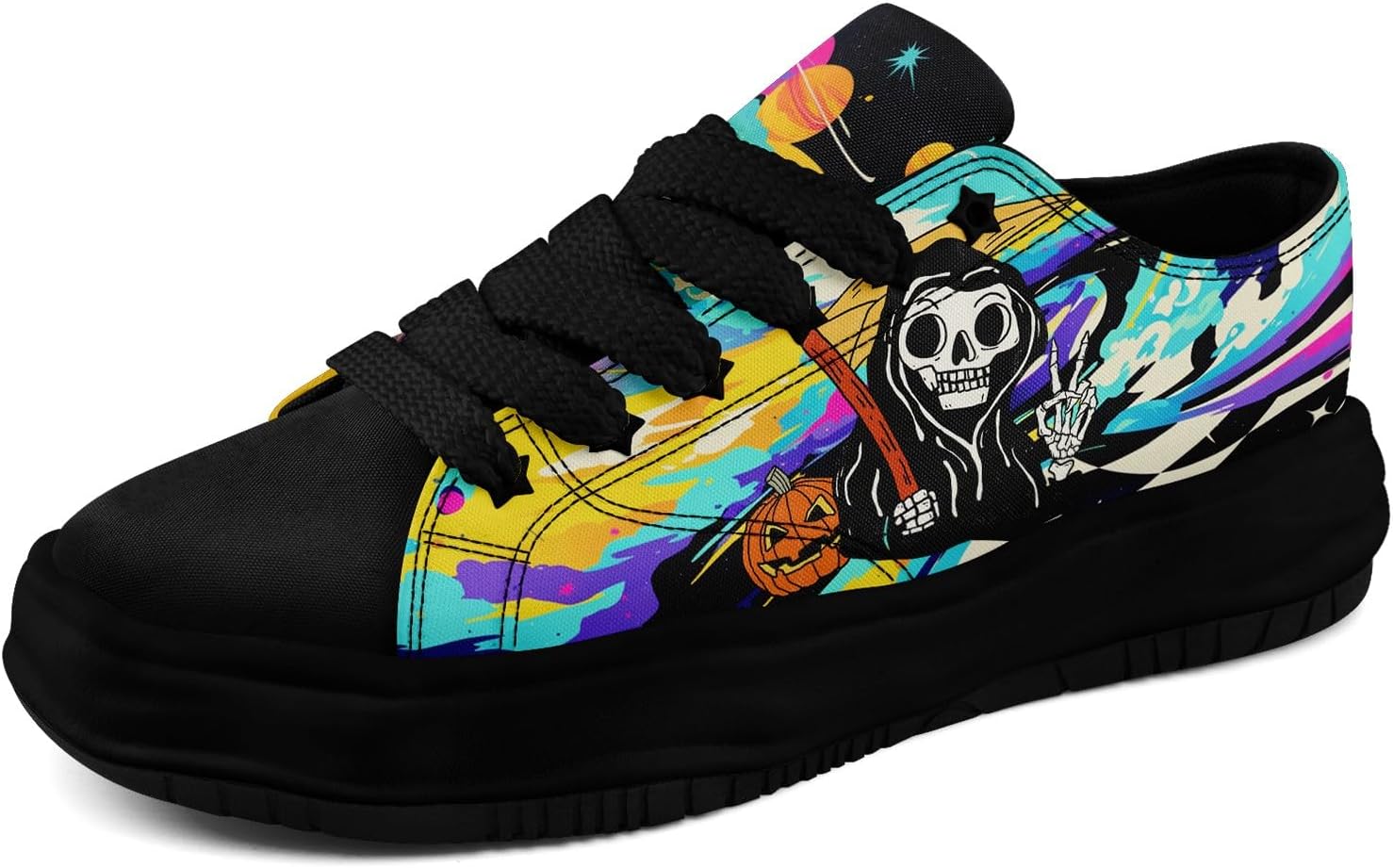 

Кеды с готическим принтом черепа для мужчин и женщин - низкие кеды из ткани с резиновой подошвой EVA, панк-стритвир мода Awsole, черный