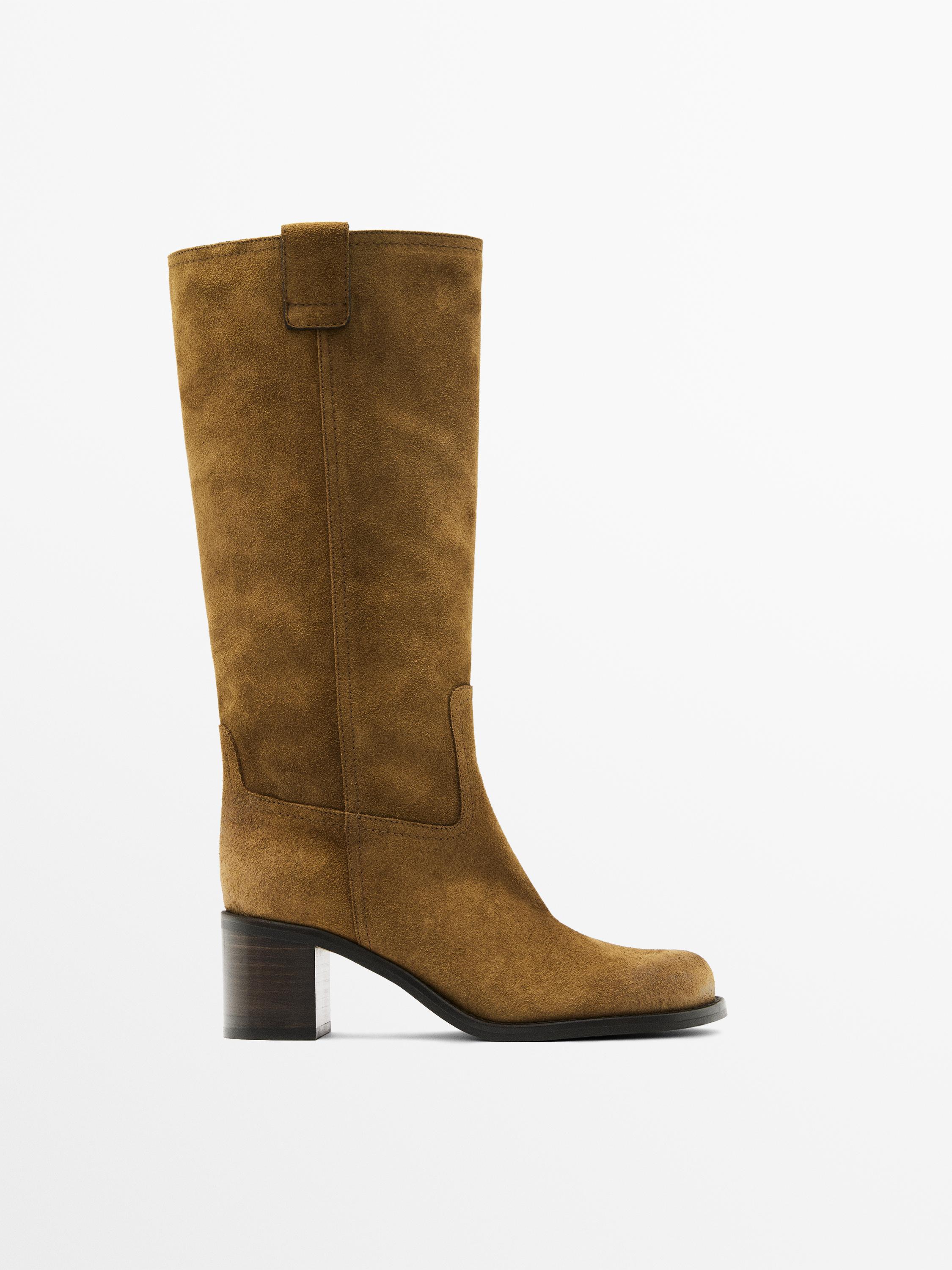 Ботинки из матовой спилковой кожи на каблуке Massimo Dutti, коричневый