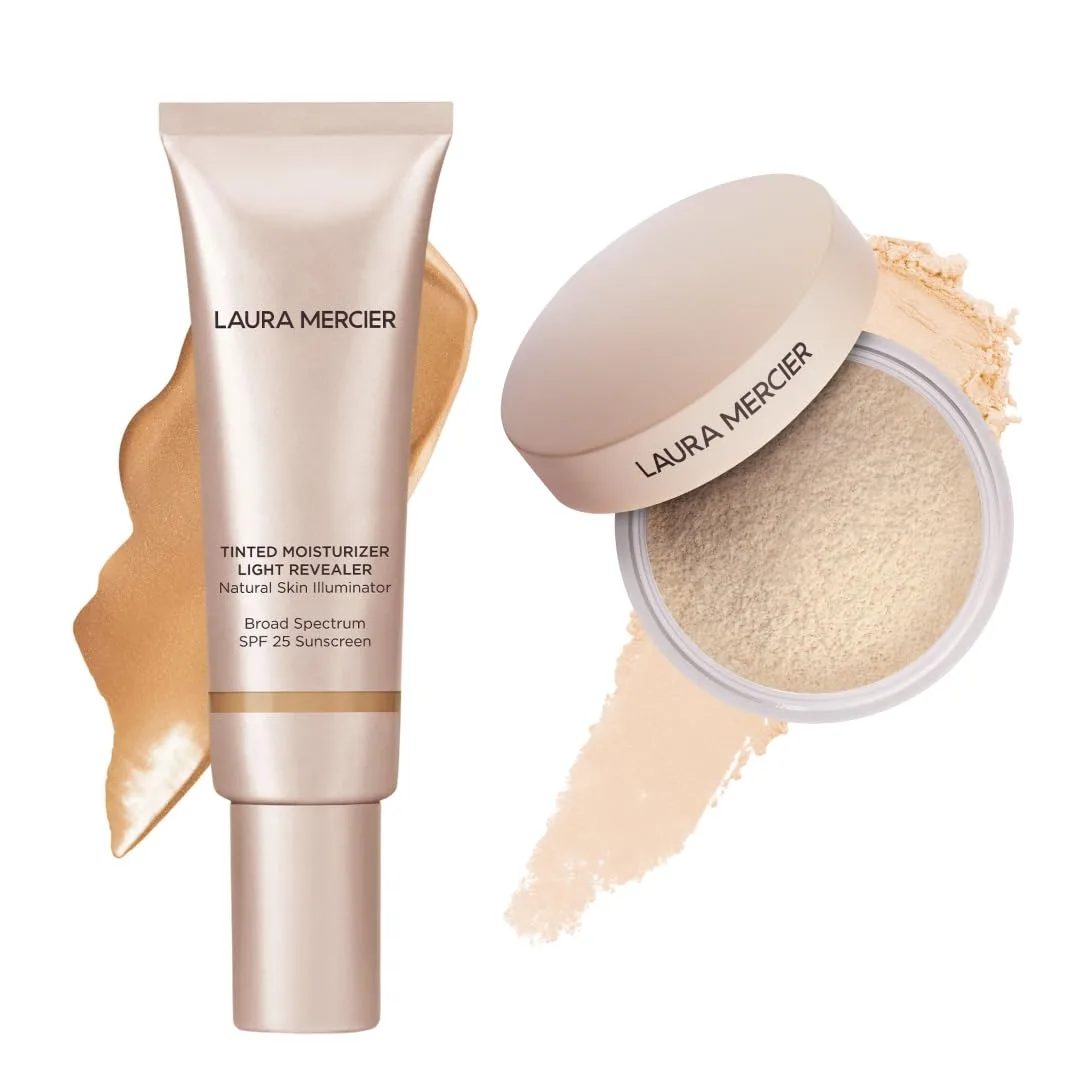 Laura Mercier тонирующий увлажняющий крем Light Revealer с SPF 25, оттенок 3N1 Sand, и рассыпчатая пудра Ultra-Blur с гиалуроновой кислотой, оттенок Translucent