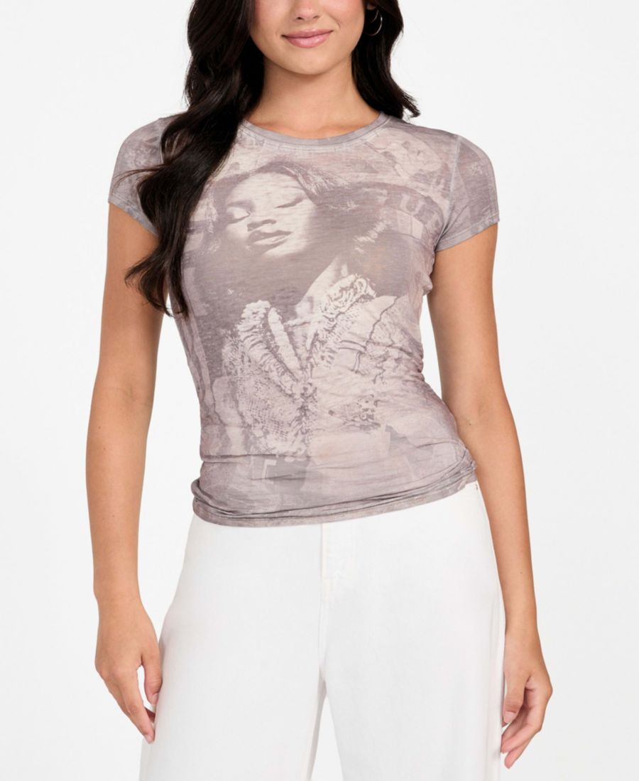 

Женская футболка с коротким рукавом и графическим принтом, украшенная стразами GUESS, Pure Choco Multi