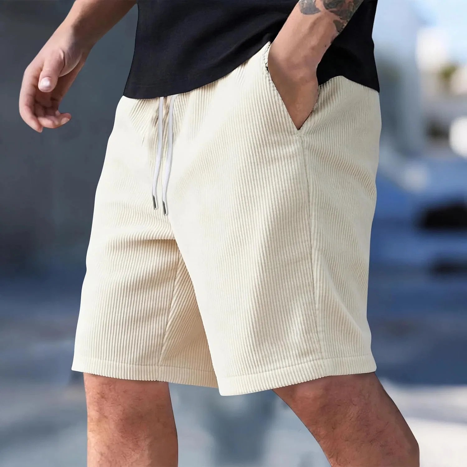 Мужские шорты из вафельной ткани с вышитым логотипом, D-beige — фото 2