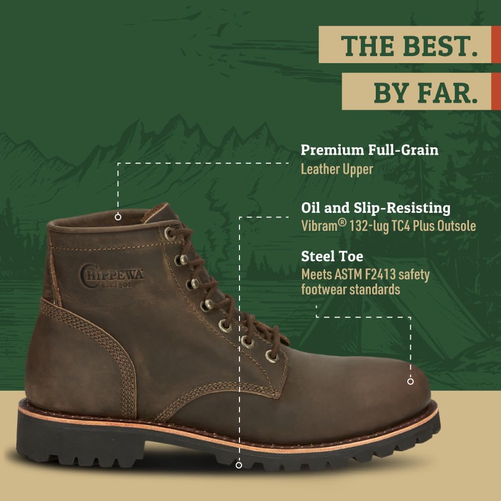 Мужские ботинки Chippewa Classic 2 с стальным носком - масло- и противоскользящая обувь - защитные мужские ботинки ASTM F2413 с шнуровкой - верх из цельнозернистой кожи - стелька ортопедическая, с рейтингом EH, шоколадный — фото 3