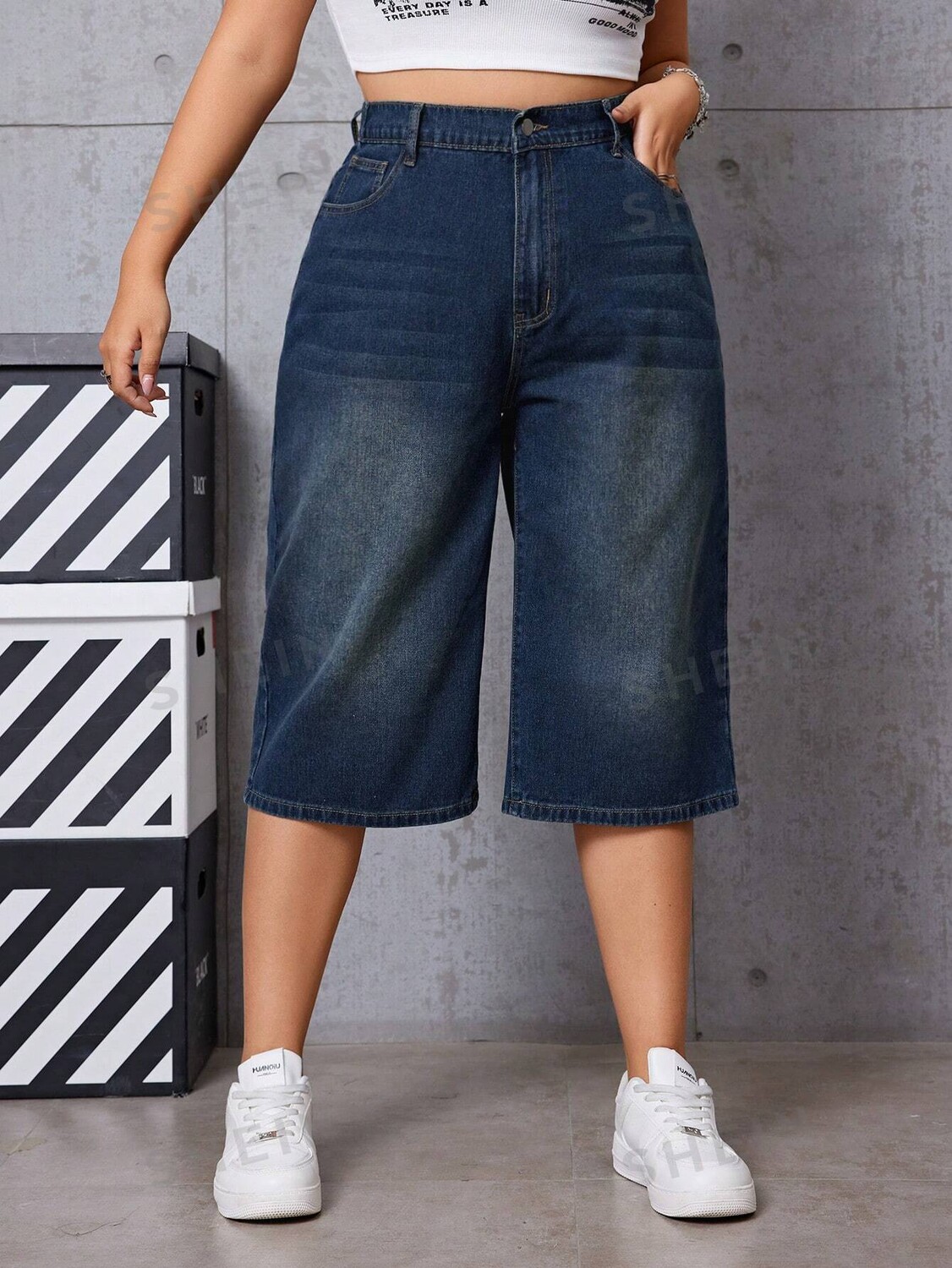 

EZwear Женские джинсовые шорты больших размеров Shein, тёмно-синий