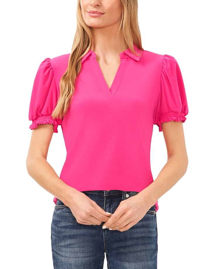 

Топ CeCe Short Sleeves Split Neck Collared Top, цвет Bright Rose