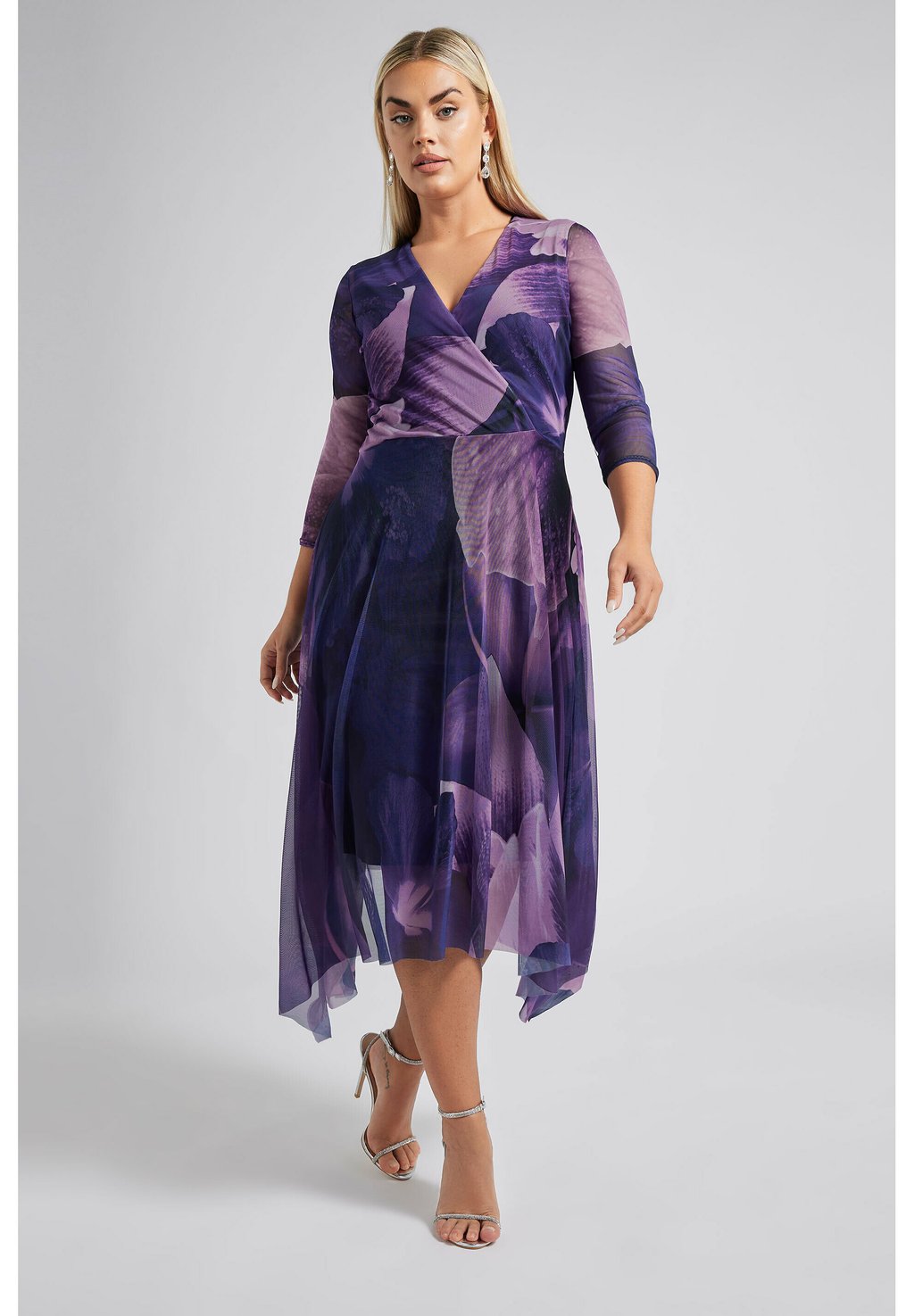 

Повседневное платье ABSTRACT PRINT HANKY HEM MESH DRESS Yours Clothing, фиолетовый