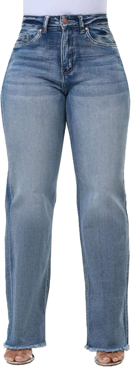 

HugeNice женские джинсы широкие casual mid rise stretchy straight leg