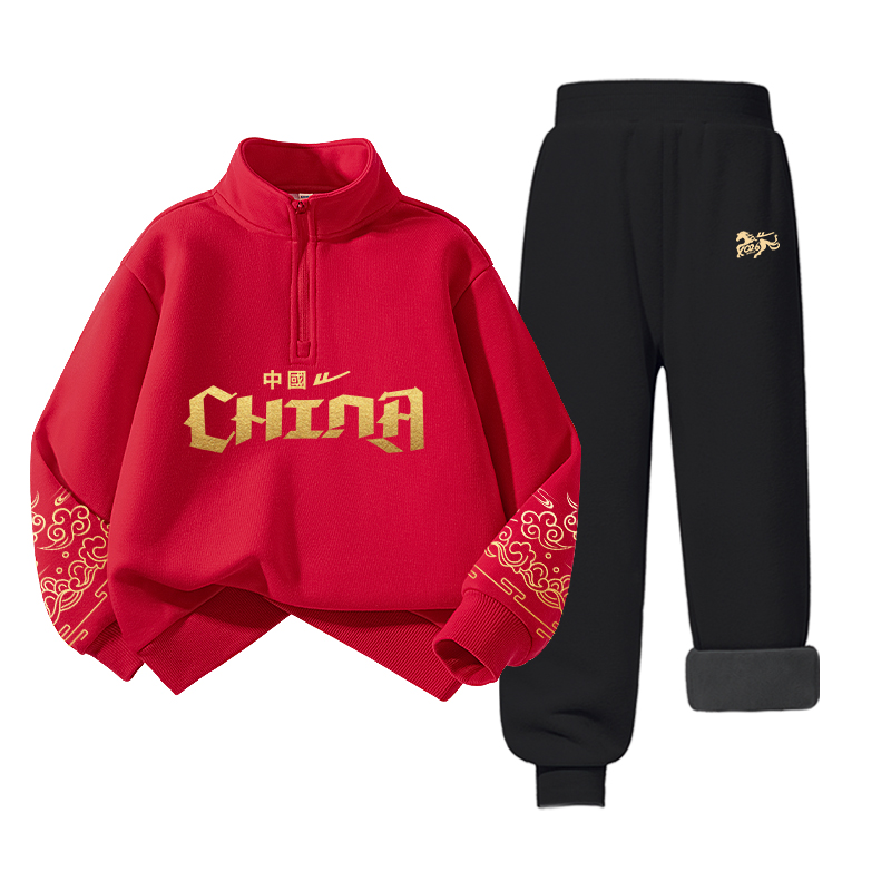 Детская повседневная спортивная одежда WARRIOR, [new year stylish set]черный/h золото-stamped china+h left sleeve pattern золото-stamped k+h right sleeve pattern золото-stamped k-черный/h running horse золото-stamped k — фото 2
