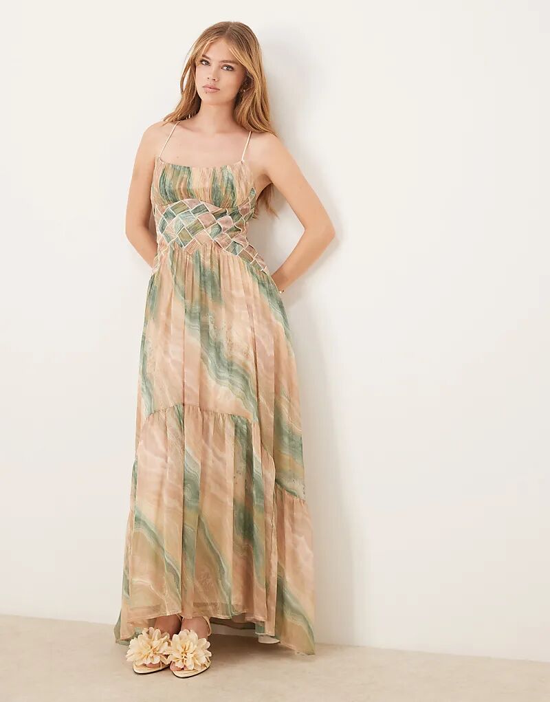 

Платье макси ASOS DESIGN с рюшами на груди, сетчатой ​​отделкой на талии и абстрактным принтом