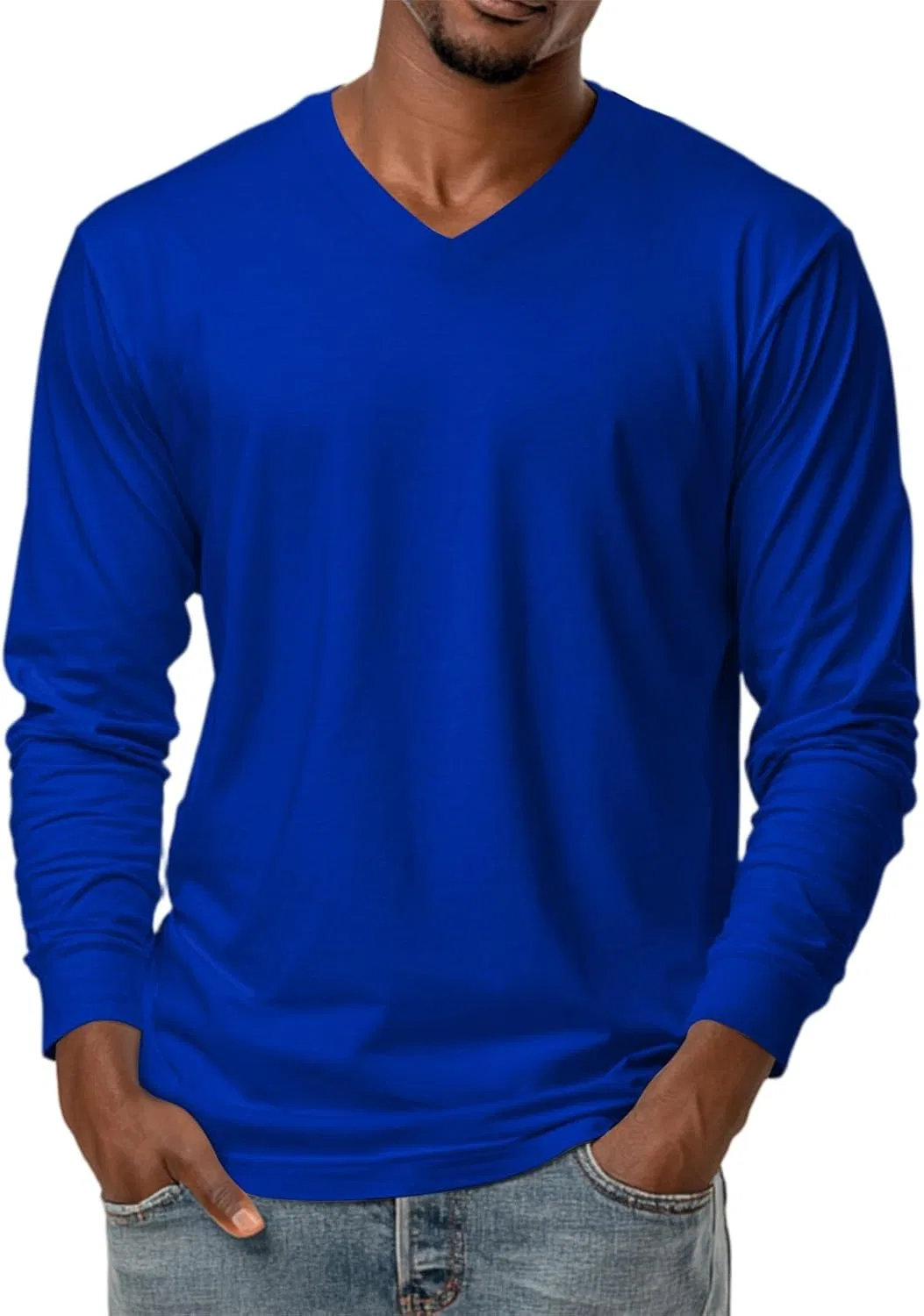 Мужская футболка с длинным рукавом, V-образным вырезом, royal blue