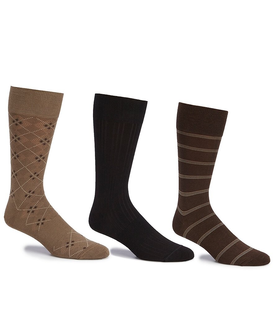 

Набор из 3 носков с круглым вырезом Gold Label Roundtree & Yorke Big & Tall Assorted Argyle, однотонные, в полоску, коричневый