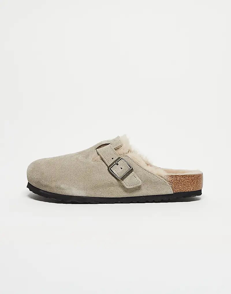 Сабо Birkenstock Unisex Boston с подкладкой из овчины, серо-коричневая замша
