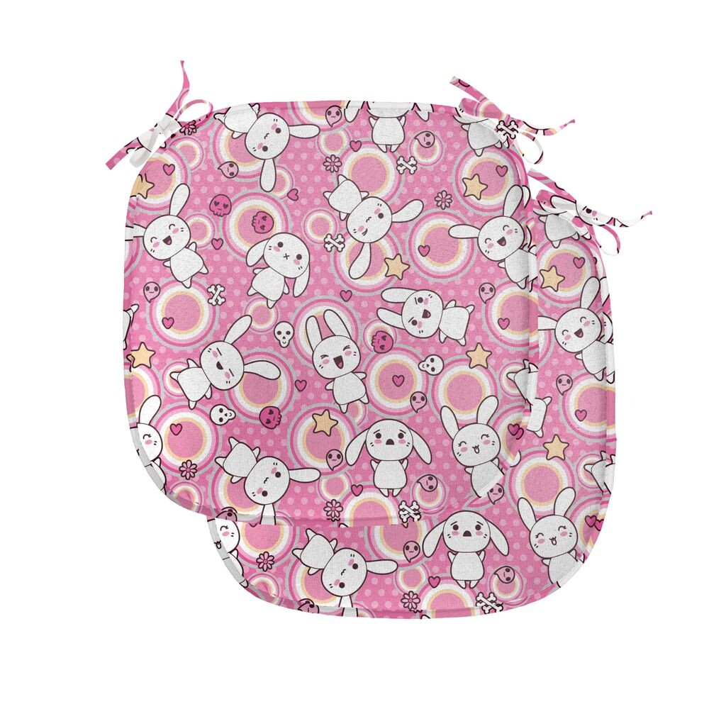 

ABAKUHAUS Подушка для обеденного стула с мультяшными животными Doodle Kawaii Декоративная водонепроницаемая подушка с ремнями для кухонных сидений 40 см x 40 см Упаковка из 2 шт. Персиковый, белый, розовый