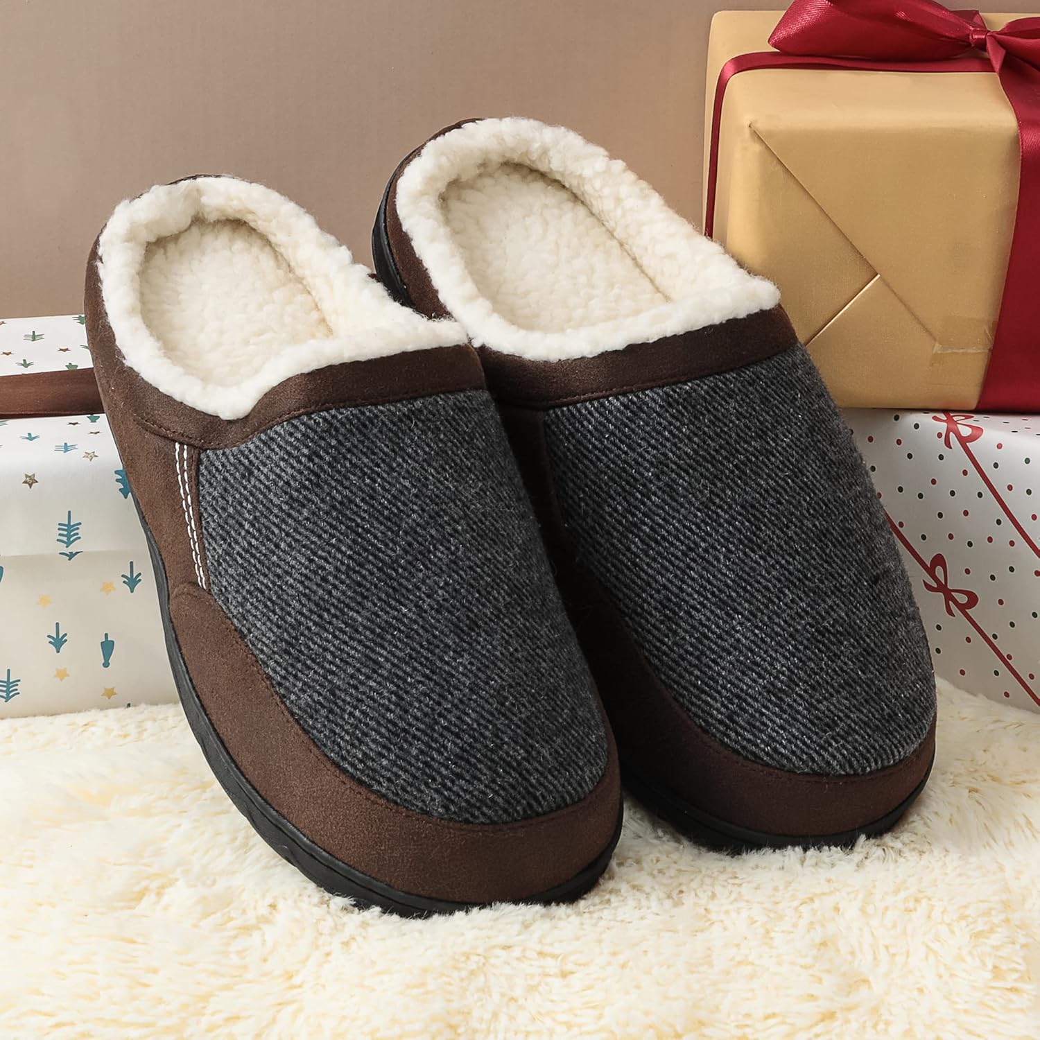 Мужские уютные тапочки DREAM PAIRS с ортопедической подошвой и мягкой плюшевой подкладкой, удобные для дома и улицы, можно стирать, коричневый/серый — фото 4