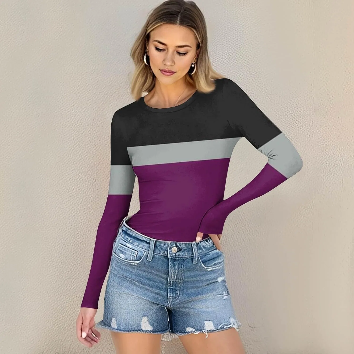 Женская футболка с длинным рукавом, полоска, Purple — фото 2