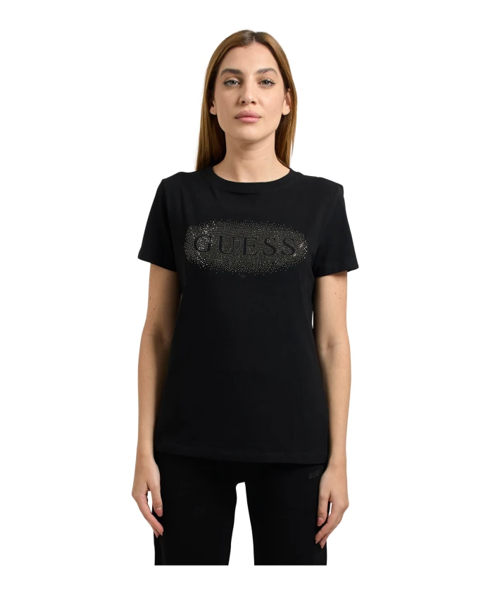 

Черная футболка с логотипом, украшенным стразами. Guess, черный