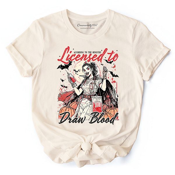 

Лицензированная футболка медсестры для забора крови, groovy футболка для жуткого сезона Ornamentallyyou, Natural