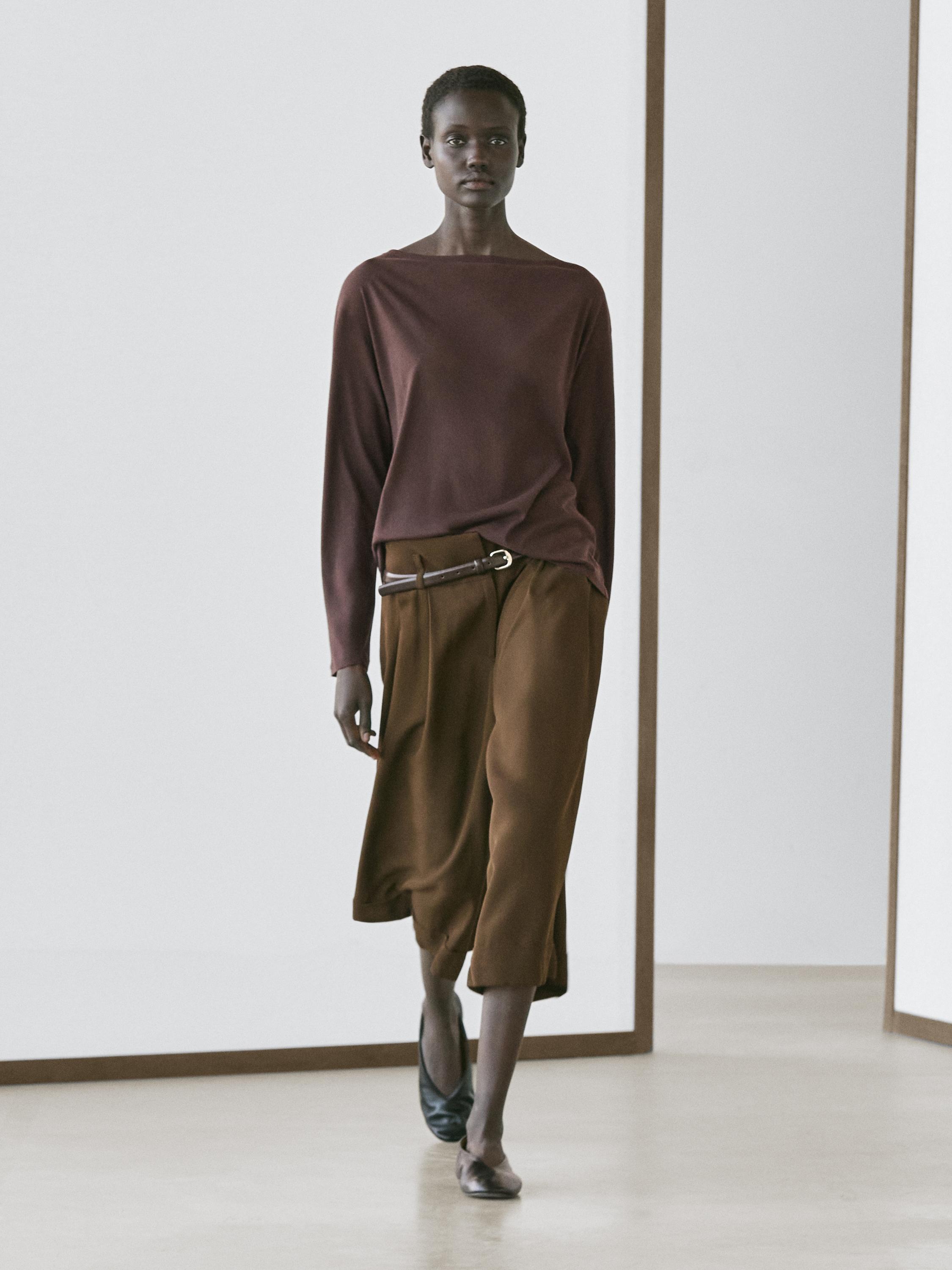 Футболка Massimo Dutti 100% Cotton Boat Neck, коричневый — фото 4