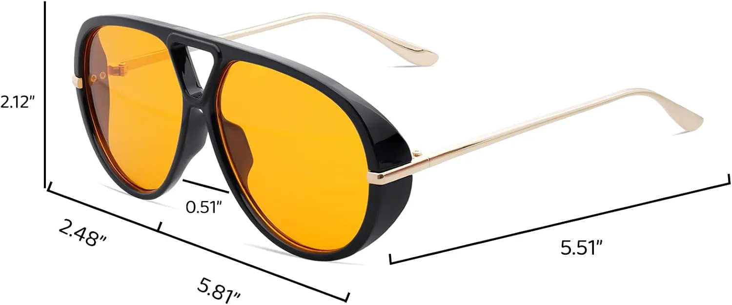 

Модные ретро-солнцезащитные очки-авиаторы с боковыми щитками для женщин и мужчин, большие пластиковые круглые винтажные очки AENMTU, Black Frame, Orange Lenses