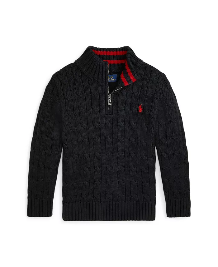 

Мальчики 2-7 лет кабельная вязка хлопковый свитер с четвертью молнии Polo Ralph Lauren, черный