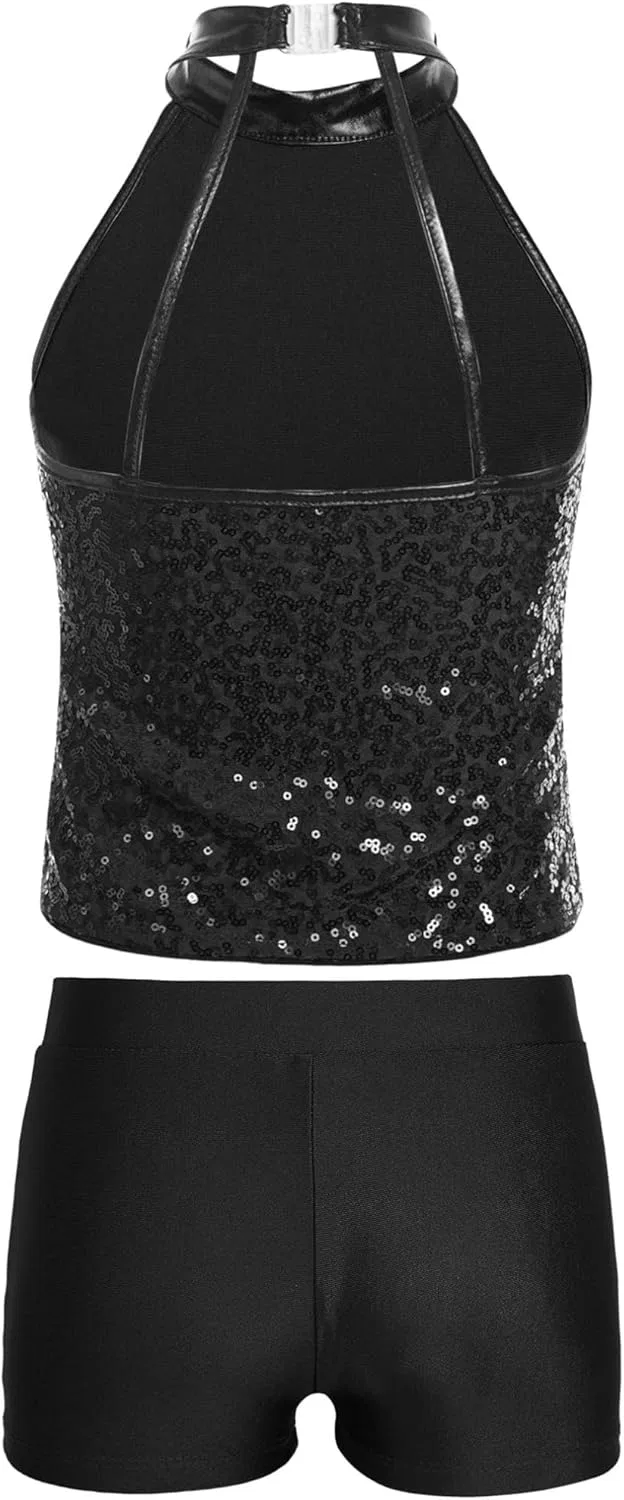 Детский спортивный костюм с пайетками easyforever, топ и шорты, Black — фото 4