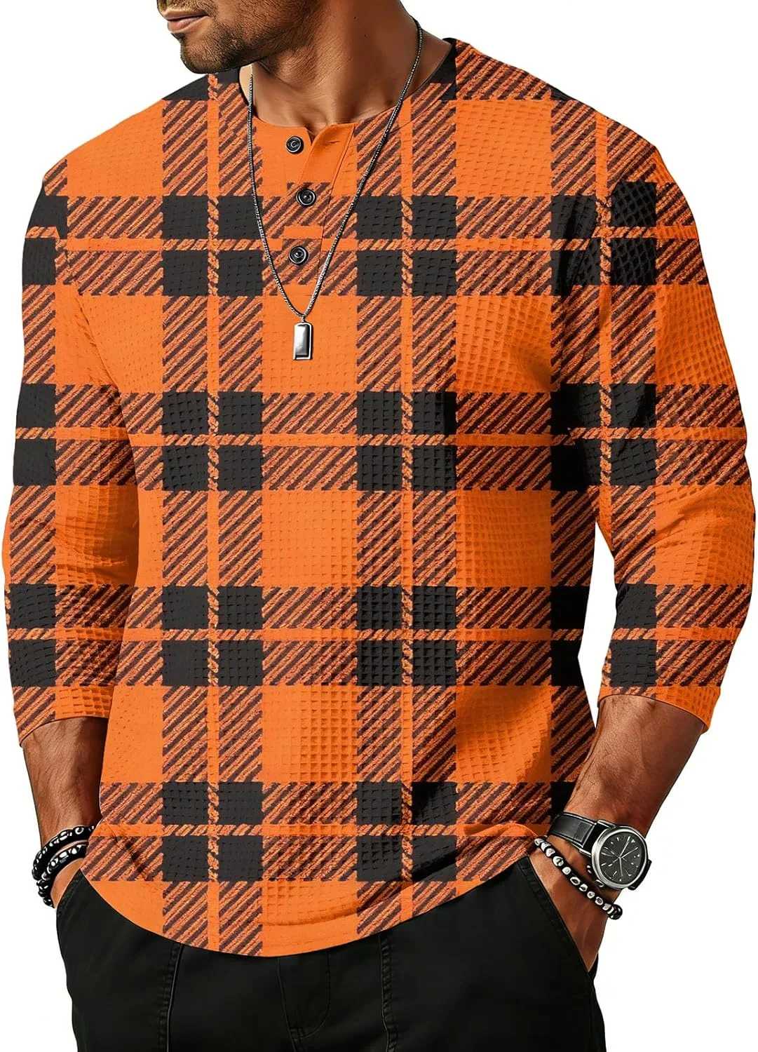 

WENKOMG1 мужская футболка в клетку с рукавом 3/4, летняя casual, henley neck, loose fit, S-2XL