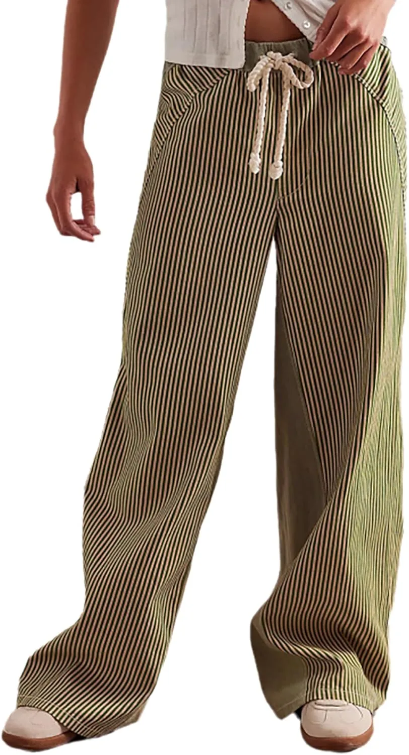 

Женские джинсы с завязками на поясе и широкими штанинами QLAUYIOE