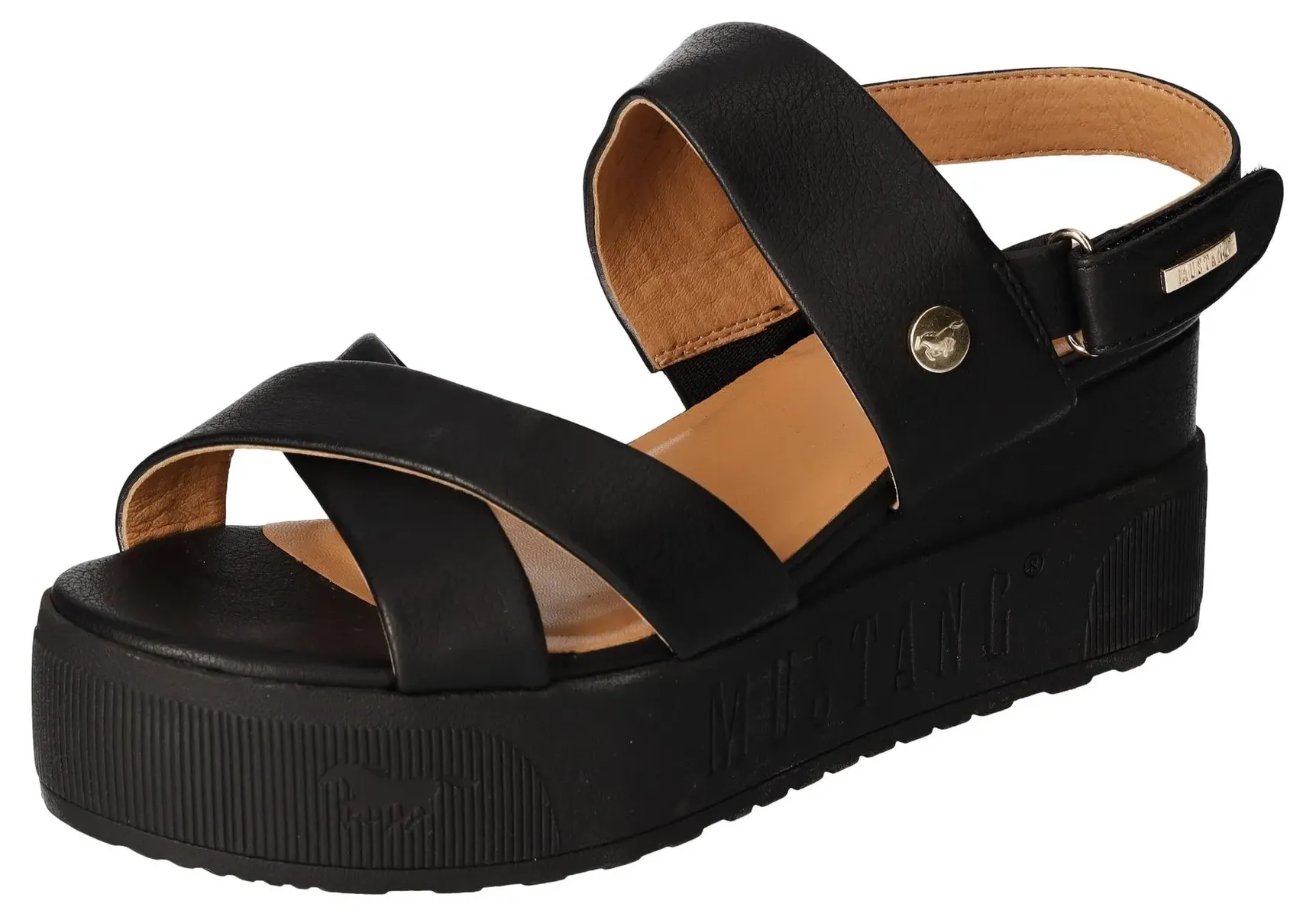 

Сандалии Mustang Shoes, летние туфли, босоножки, танкетка, с практичной застежкой-липучкой, черный