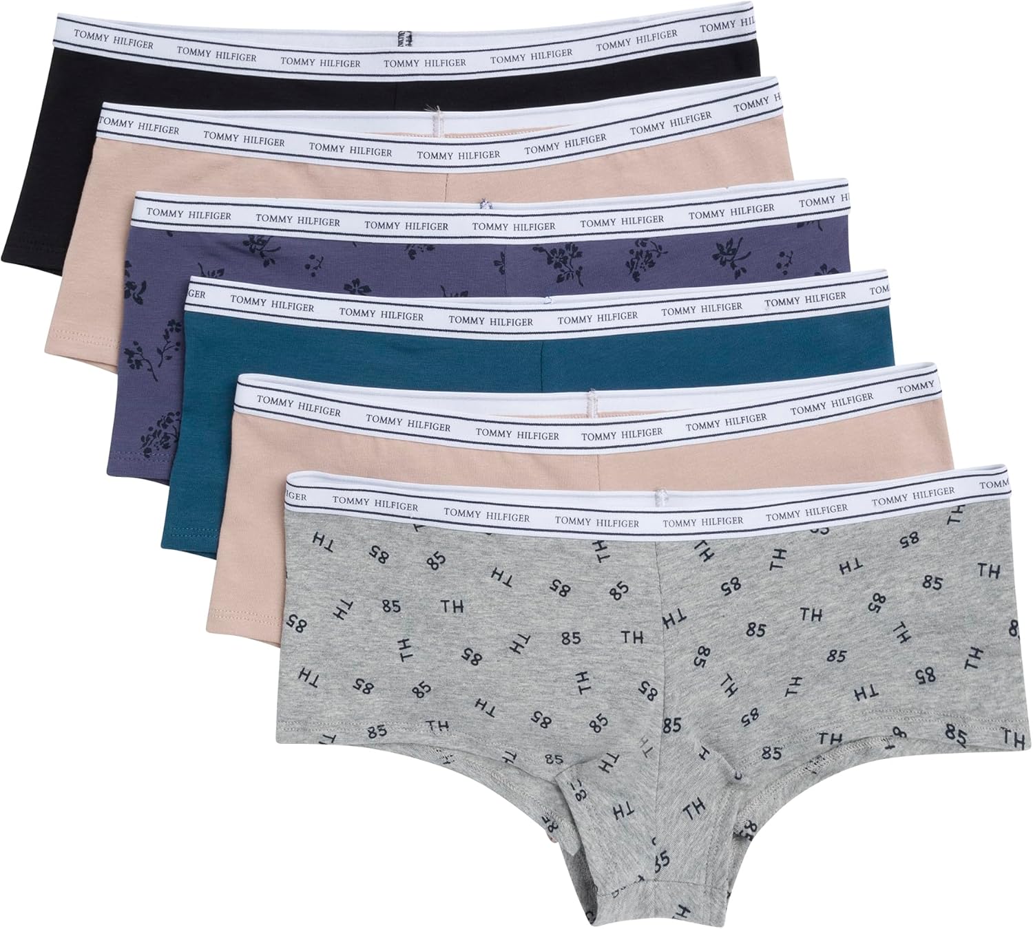 

Женские классические хлопковые трусы-шорты Tommy Hilfiger с логотипом на поясе, упаковка 6 пар, Tossed Th Heather Grey/Balanced Beige/Black/Alfalfa Blue/Balanced Beige/Monochrome Floral Crown Blue