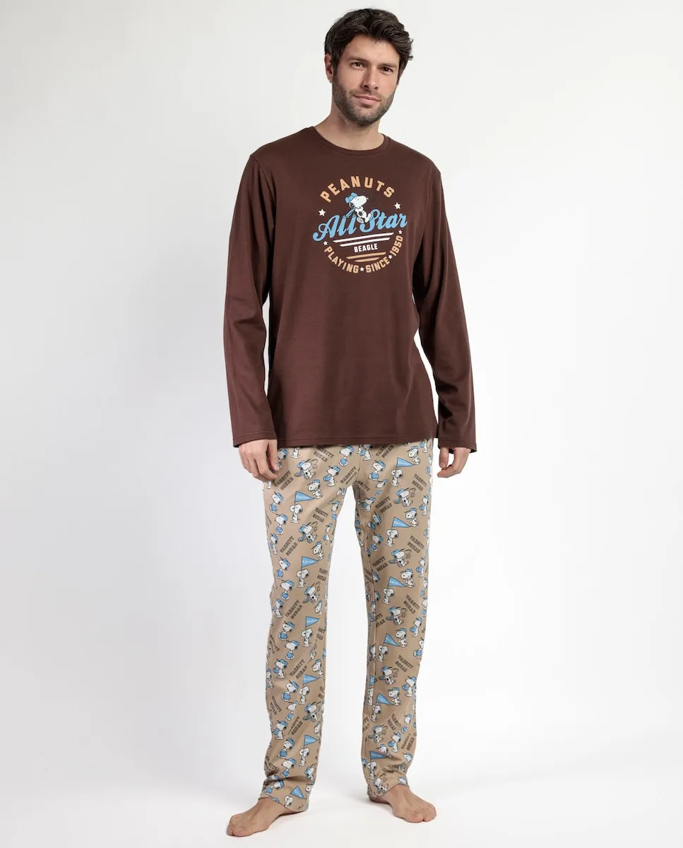 

Мужская пижама длинная из хлопкового трикотажа коричневого цвета Peanuts