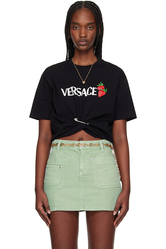 

Футболка с принтом "клубничная садовая булавка" Crop Versace, черный