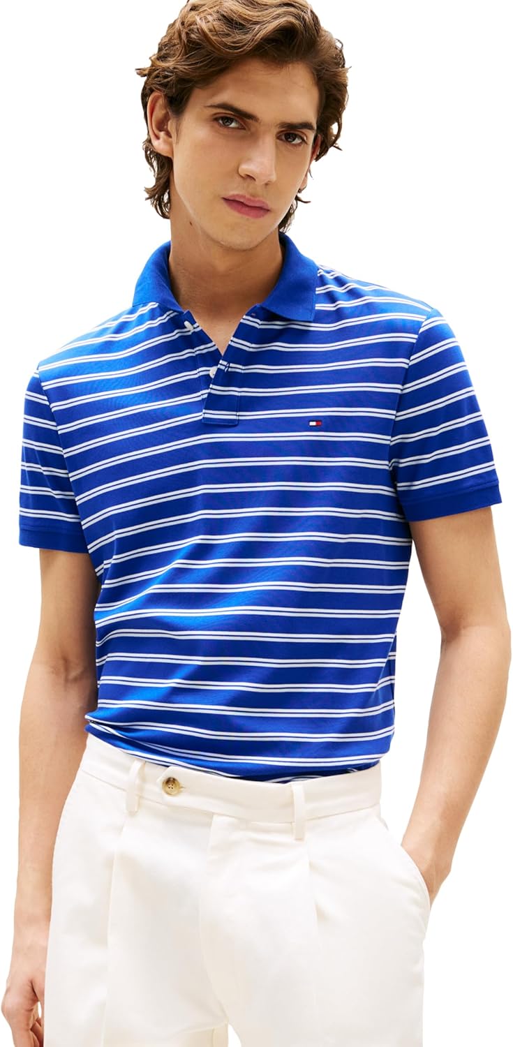 

Мужские поло Tommy Hilfiger с коротким рукавом, повседневные, классический крой, с жидким хлопком, Wedge Blue Stripe, Синий, Мужские поло Tommy Hilfiger с коротким рукавом, повседневные, классический крой, с жидким хлопком, Wedge Blue Stripe
