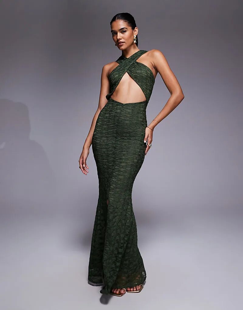 

Длинное платье-футляр с кружевом и перекрещивающимися спереди бретелями через шею ASOS DESIGN цвета хаки